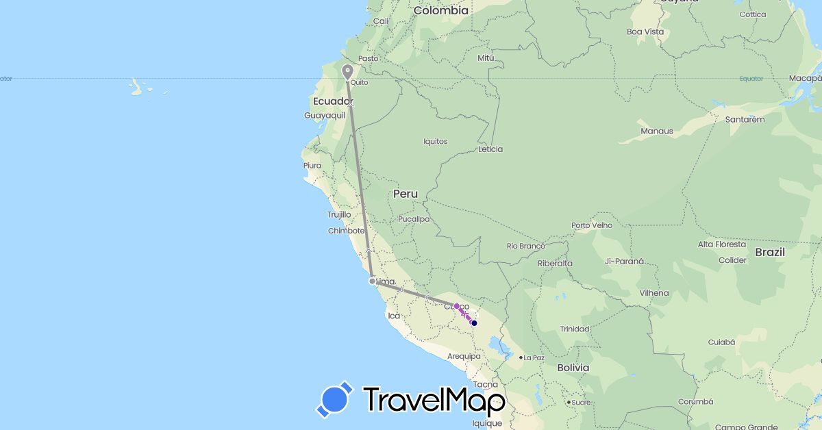 TravelMap itinerary: driving, plane, train in Ecuador, Peru (South America)